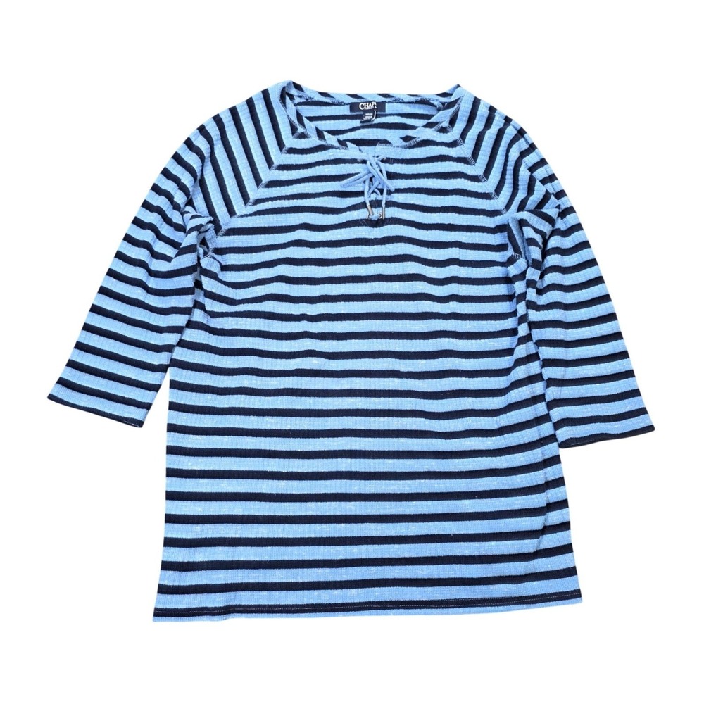 Chaps Denim Striped Waffle Knit Top Women's Size S‎ Blue Lace Up 3/4 Sleeve